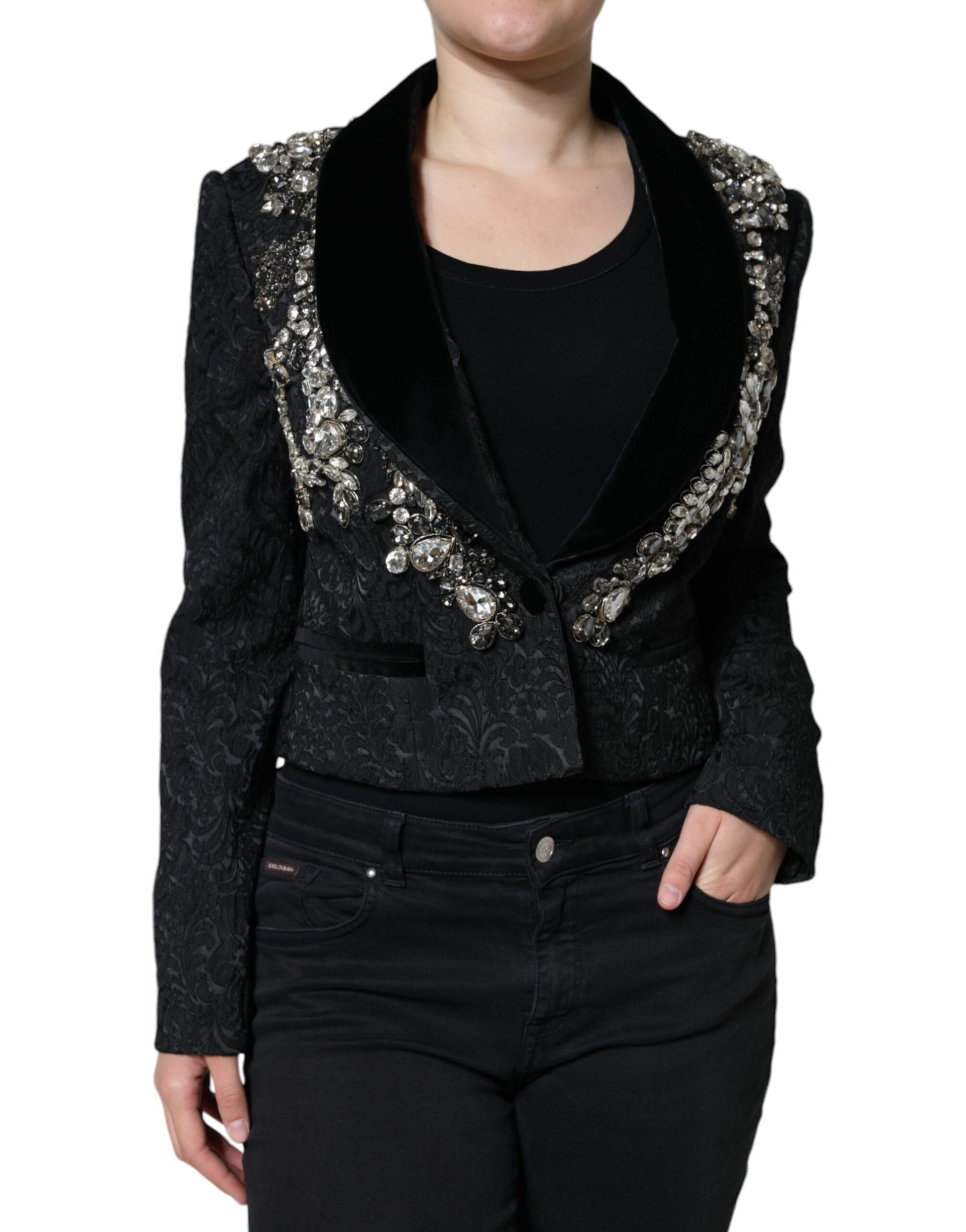 Schwarzer Jacquard-Blazer mit Kristallblumenmuster