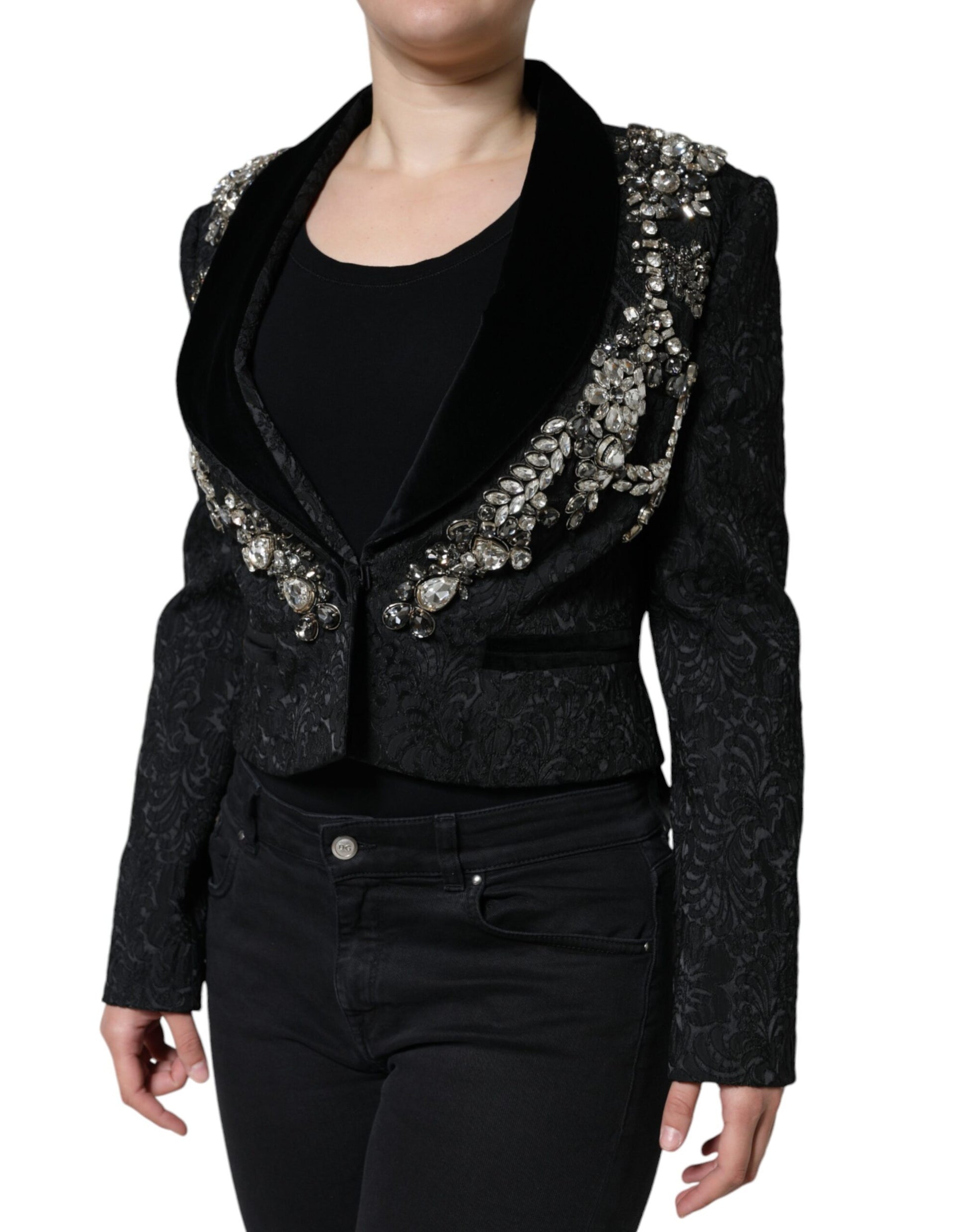 Schwarzer Jacquard-Blazer mit Kristallblumenmuster