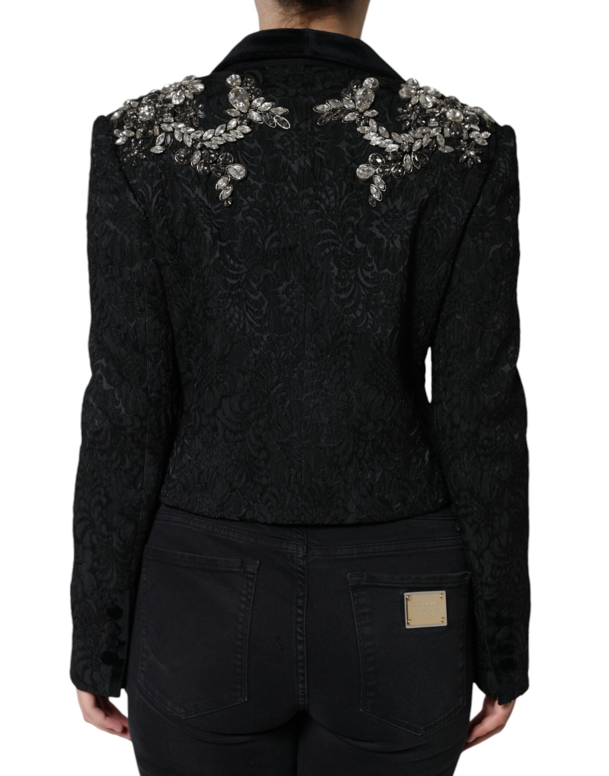 Schwarzer Jacquard-Blazer mit Kristallblumenmuster