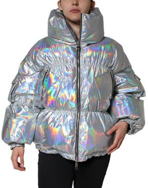Silberne schillernde Pufferjacke mit durchgehendem Reißverschluss