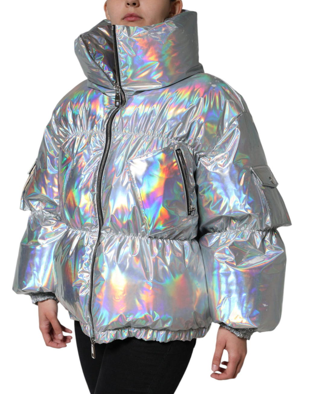 Silberne schillernde Pufferjacke mit durchgehendem Reißverschluss