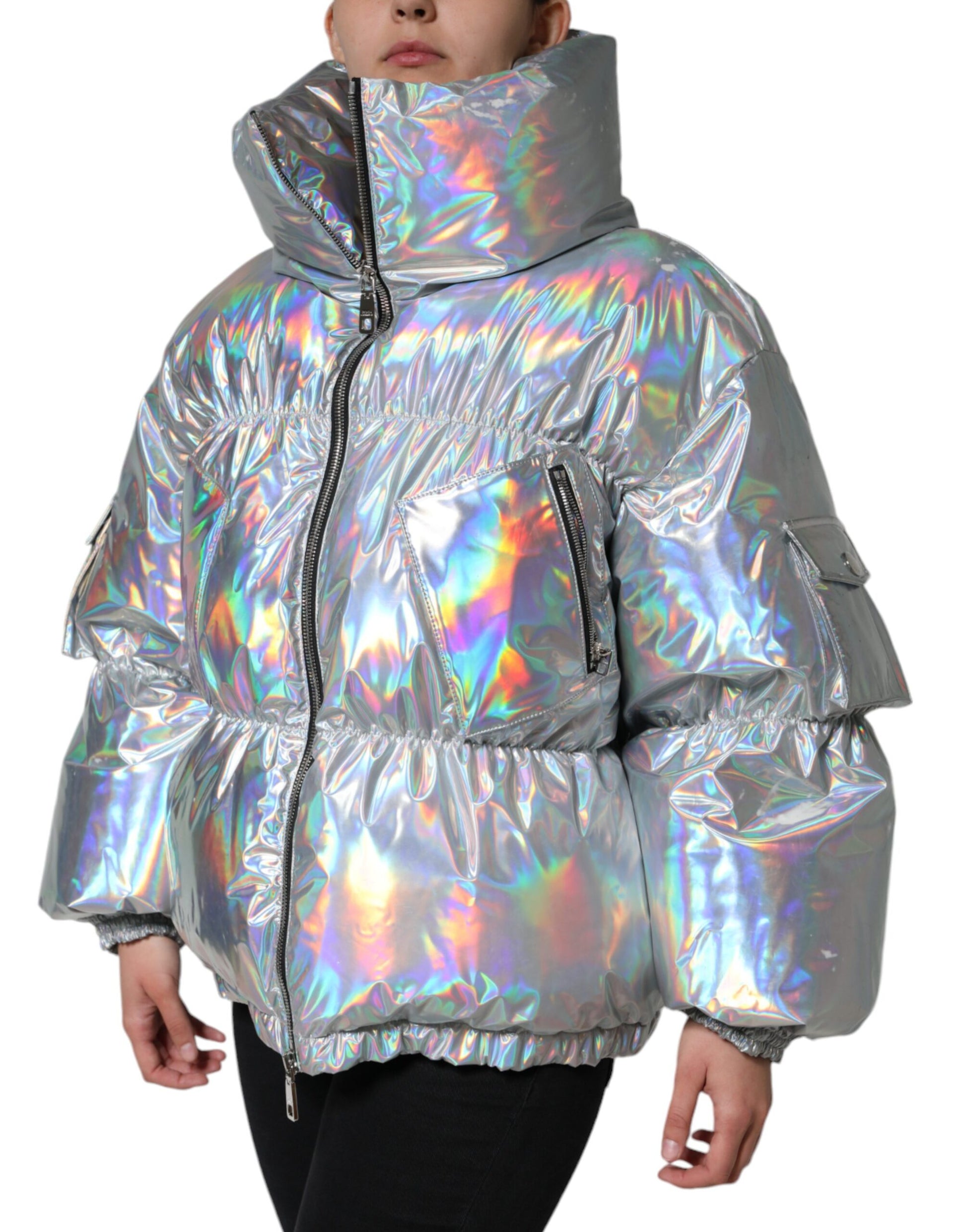 Silberne schillernde Pufferjacke mit durchgehendem Reißverschluss