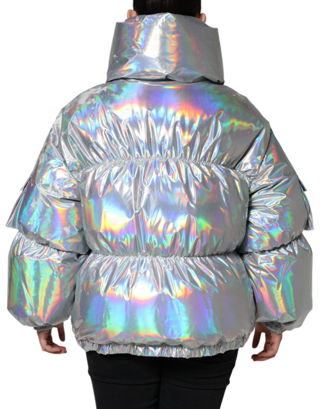 Silberne schillernde Pufferjacke mit durchgehendem Reißverschluss