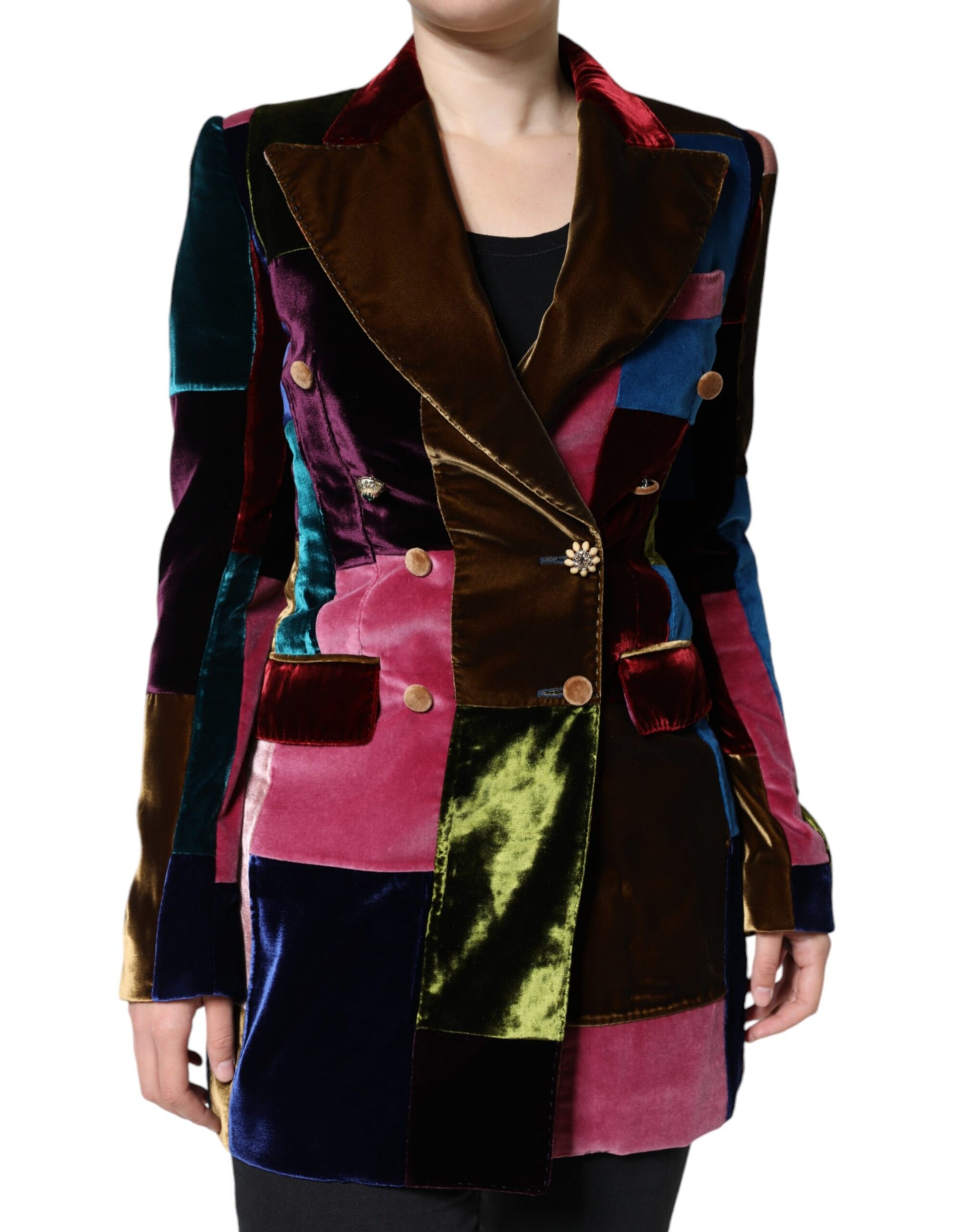 Mehrfarbige zweireihige Patchwork-Blazerjacke