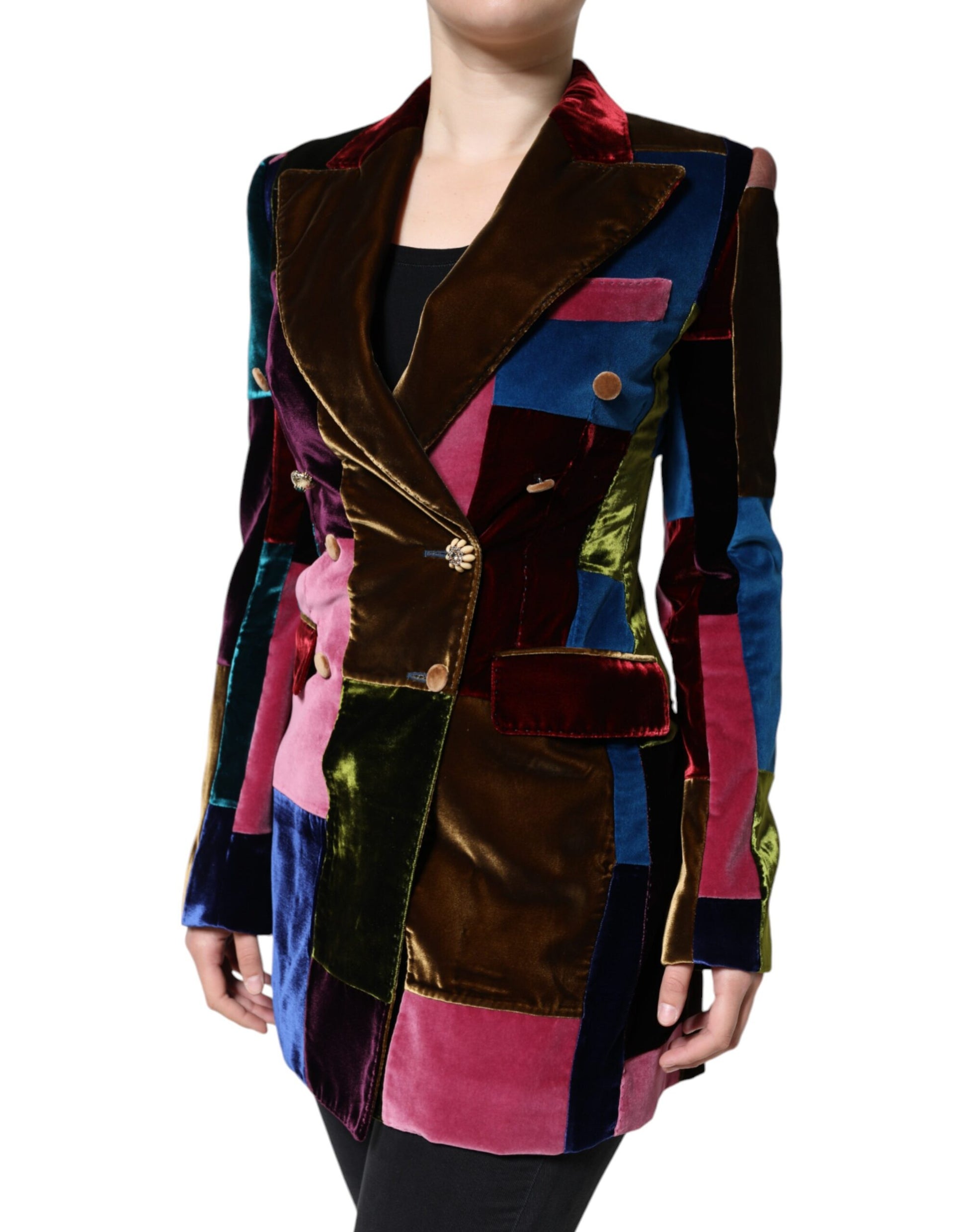 Mehrfarbige zweireihige Patchwork-Blazerjacke