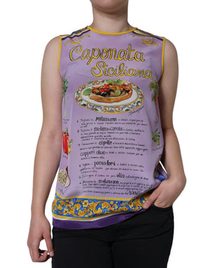 Violettes Seiden-Tanktop mit Caponata-Siciliana-Print