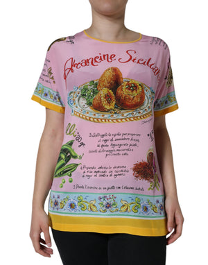 Rosa Seidenoberteil mit Araneine Siciliana-Print und kurzen Ärmeln