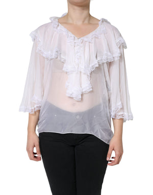 Weißes Langarm-Bluse-Top mit Rüschen und Spitze