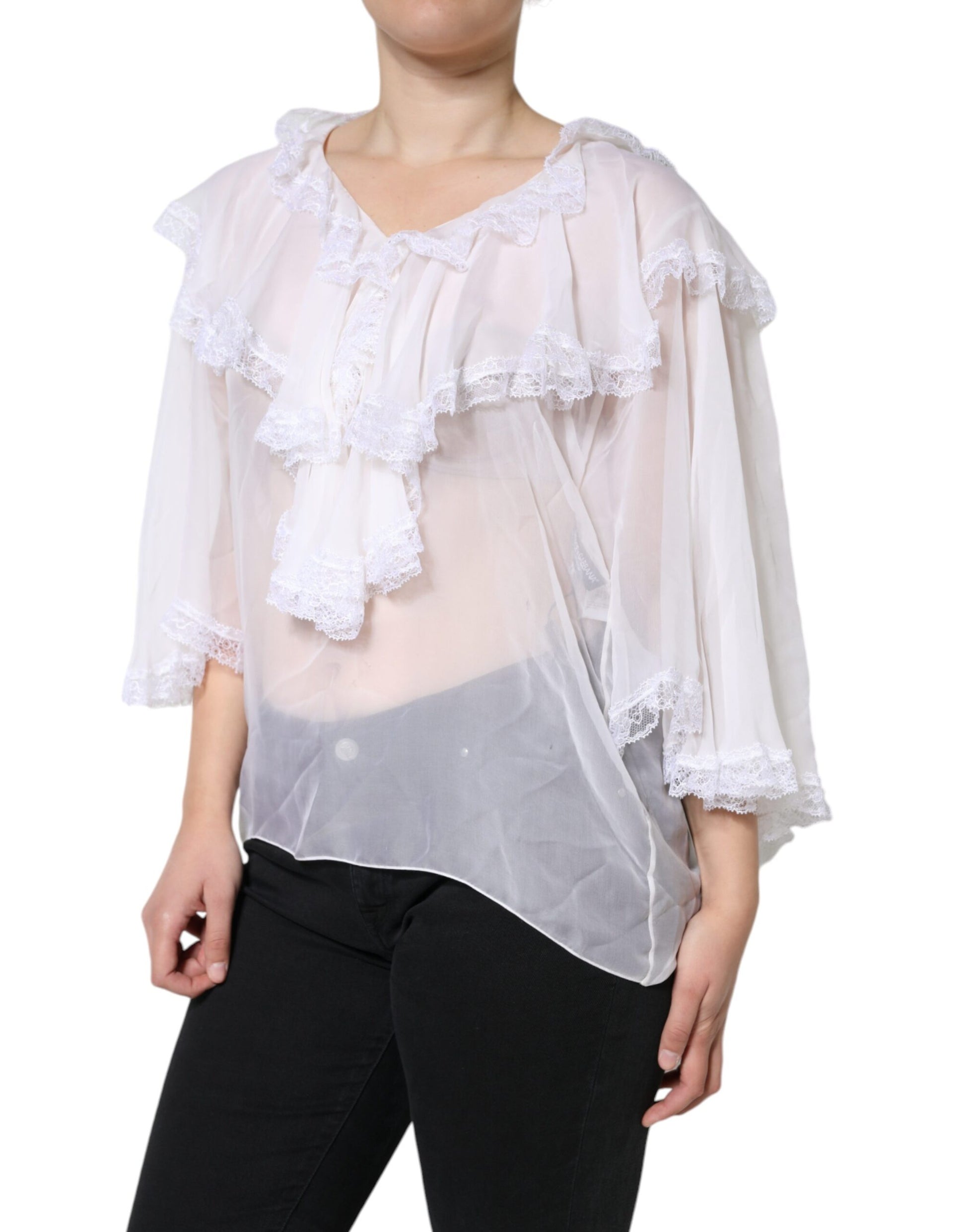 Weißes Langarm-Bluse-Top mit Rüschen und Spitze