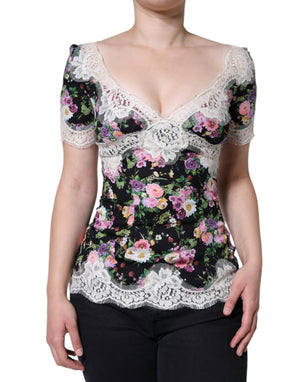 Schwarzes Blusentop mit Blumenspitze und kurzen Ärmeln