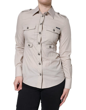 Beiges Button-Down-Hemdoberteil aus Baumwolle mit Kragen