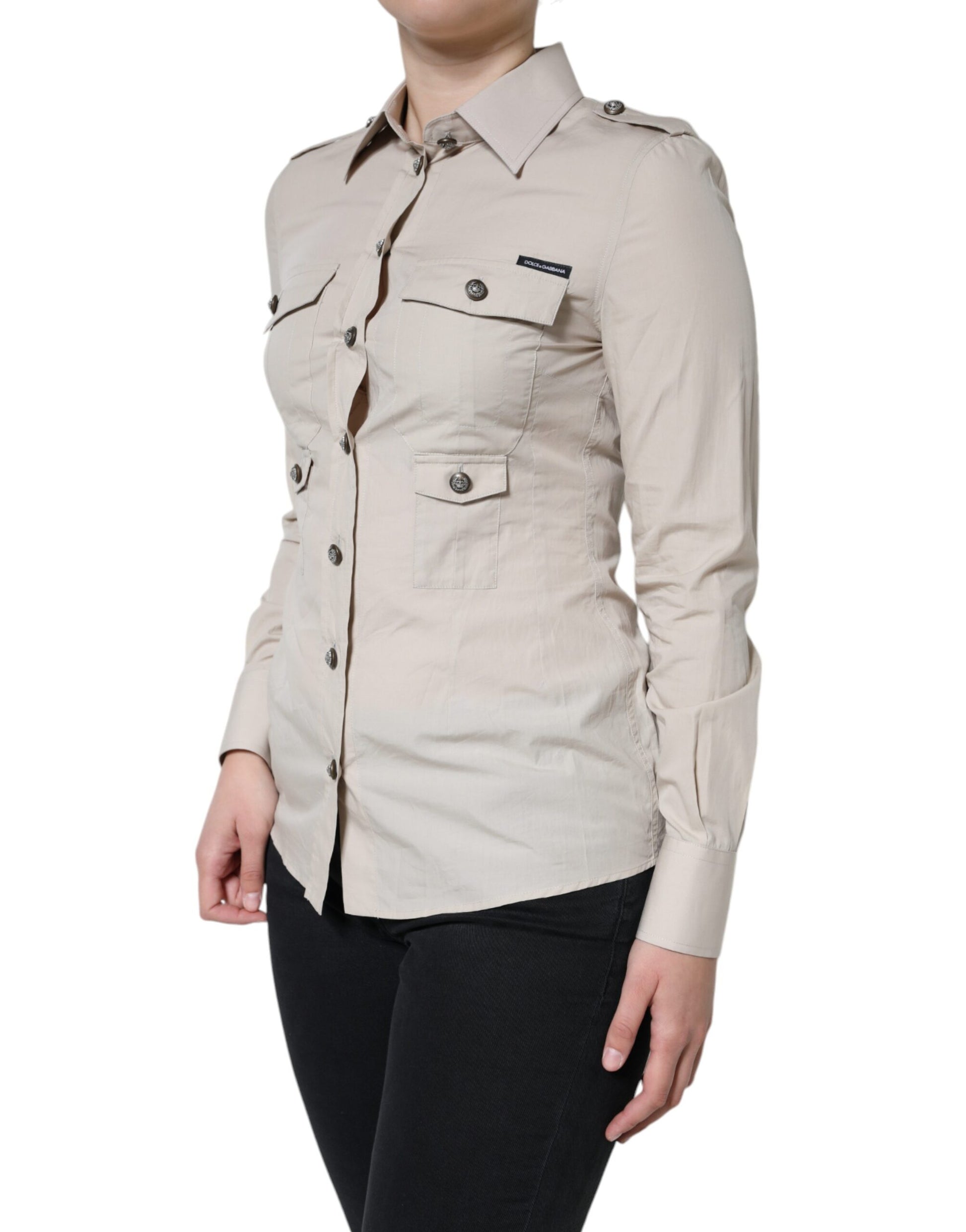 Beiges Button-Down-Hemdoberteil aus Baumwolle mit Kragen