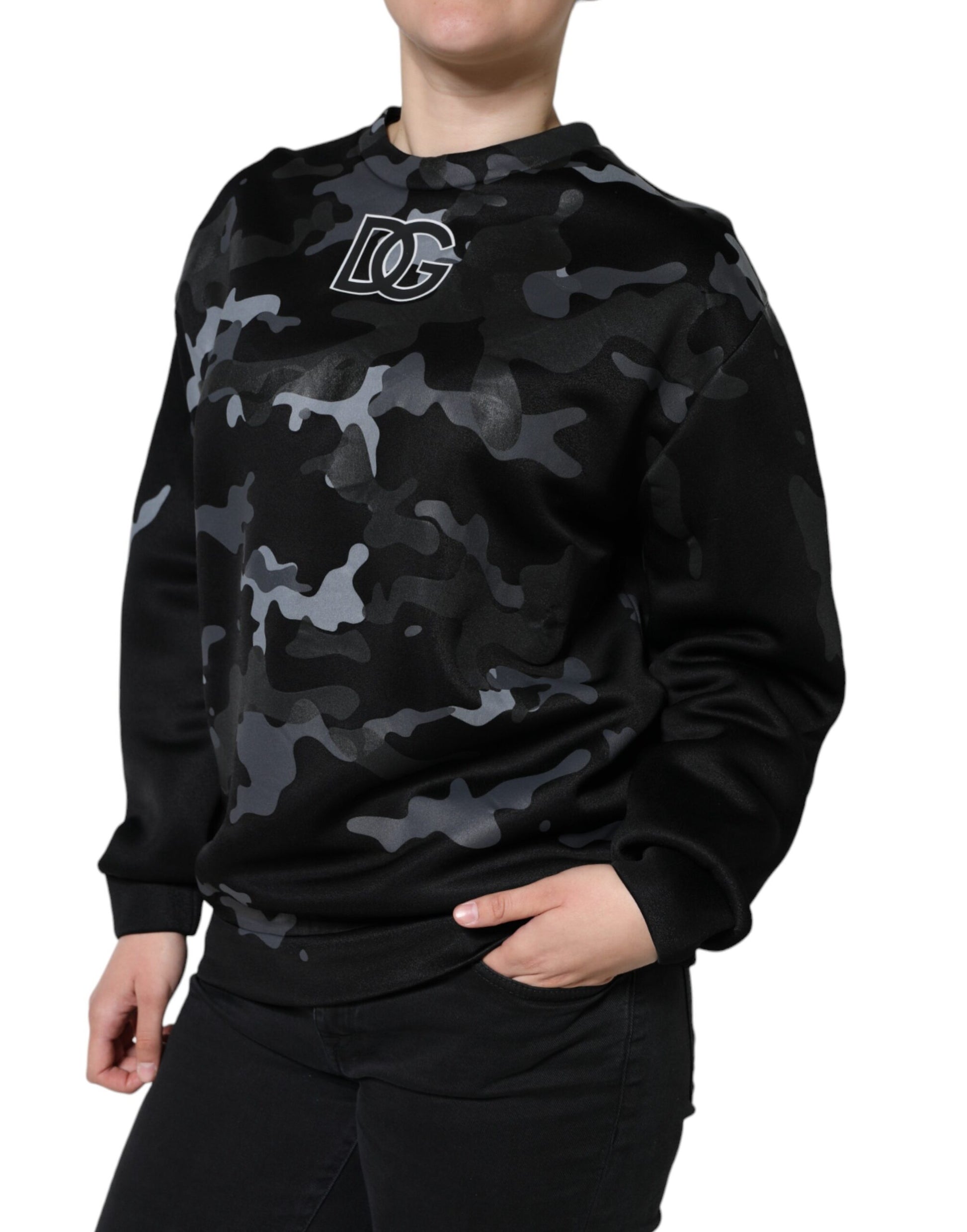 Schwarzer Camouflage-Sweatshirt mit Rundhalsausschnitt