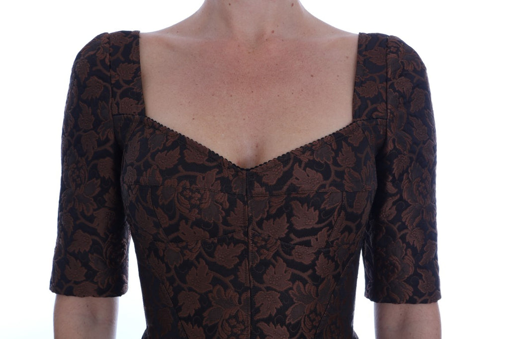 Schwarzbraunes A-Linien-Kleid aus Blumenbrokat
