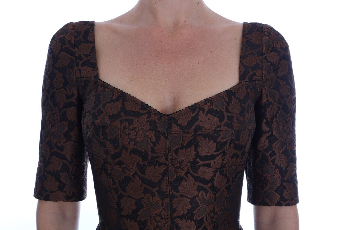 Schwarzbraunes A-Linien-Kleid aus Blumenbrokat