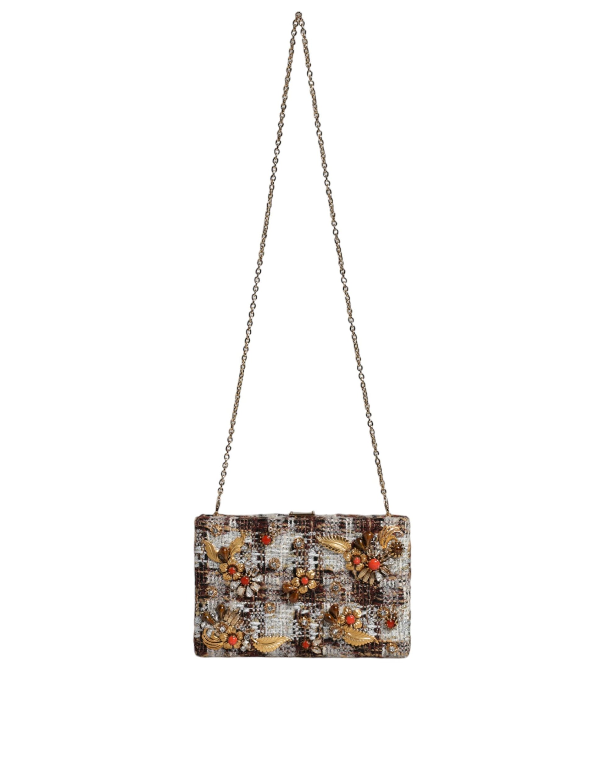 Mehrfarbige Clutch-Umhängetasche aus Tweed mit Blumenmuster