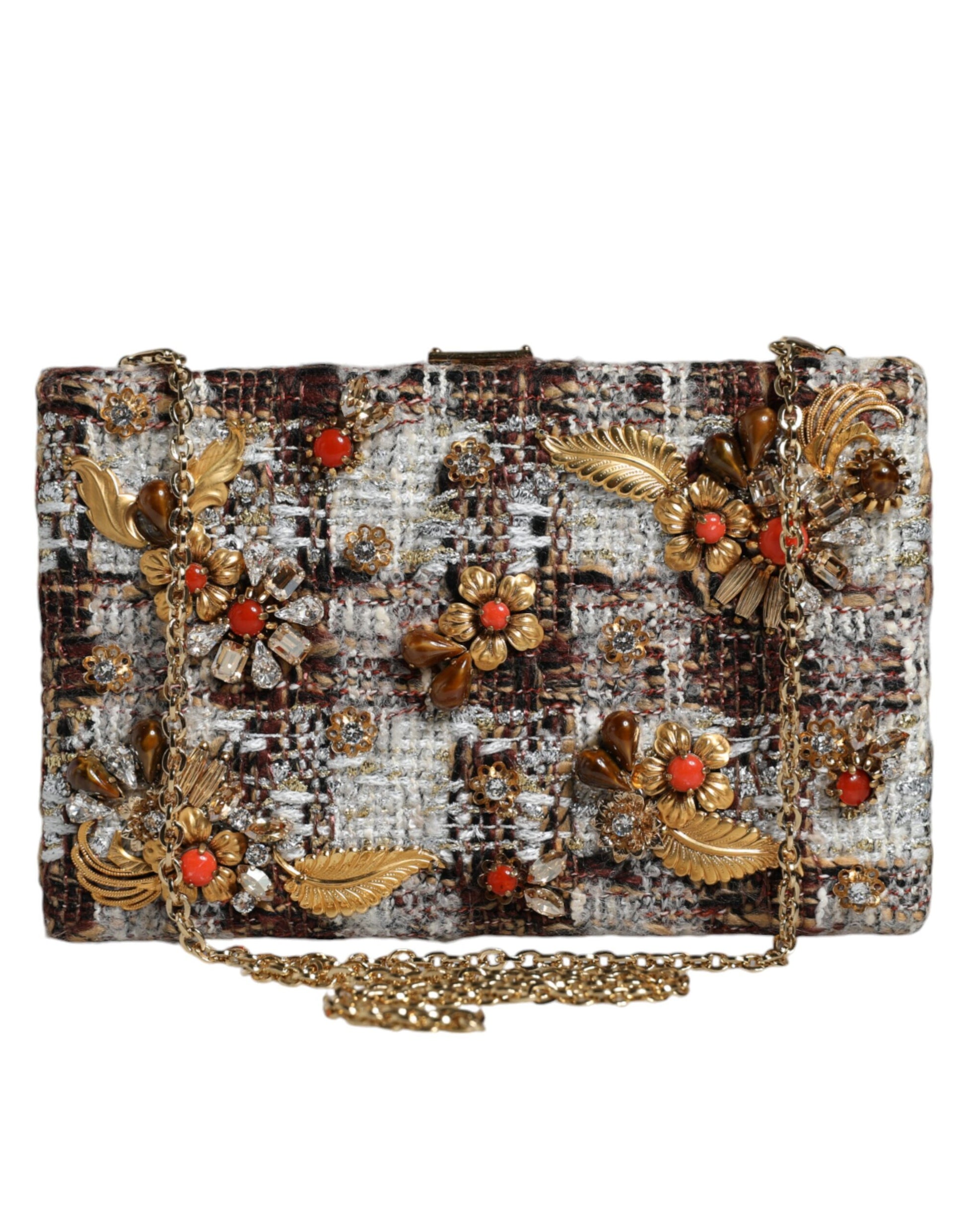 Mehrfarbige Clutch-Umhängetasche aus Tweed mit Blumenmuster