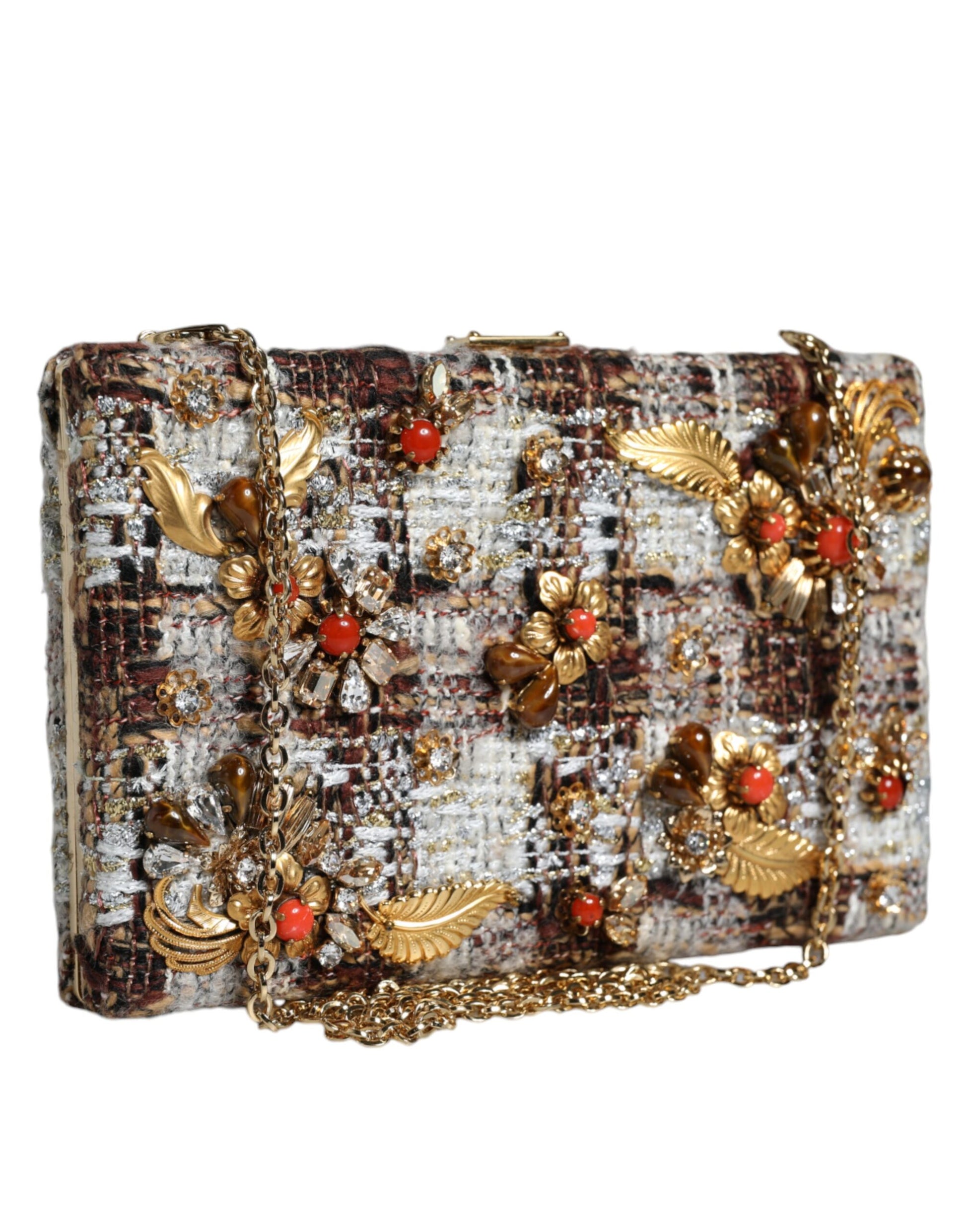 Mehrfarbige Clutch-Umhängetasche aus Tweed mit Blumenmuster