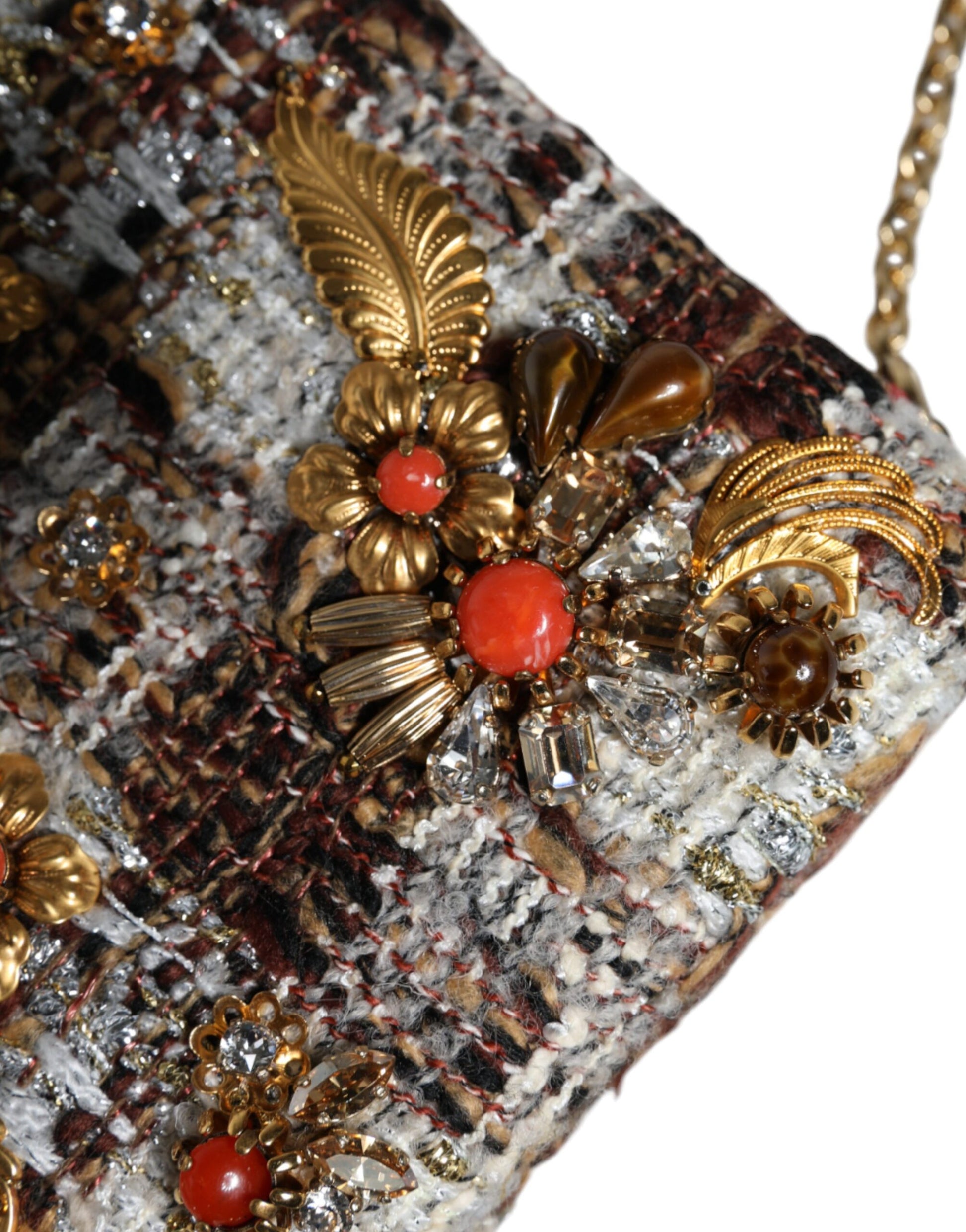 Mehrfarbige Clutch-Umhängetasche aus Tweed mit Blumenmuster