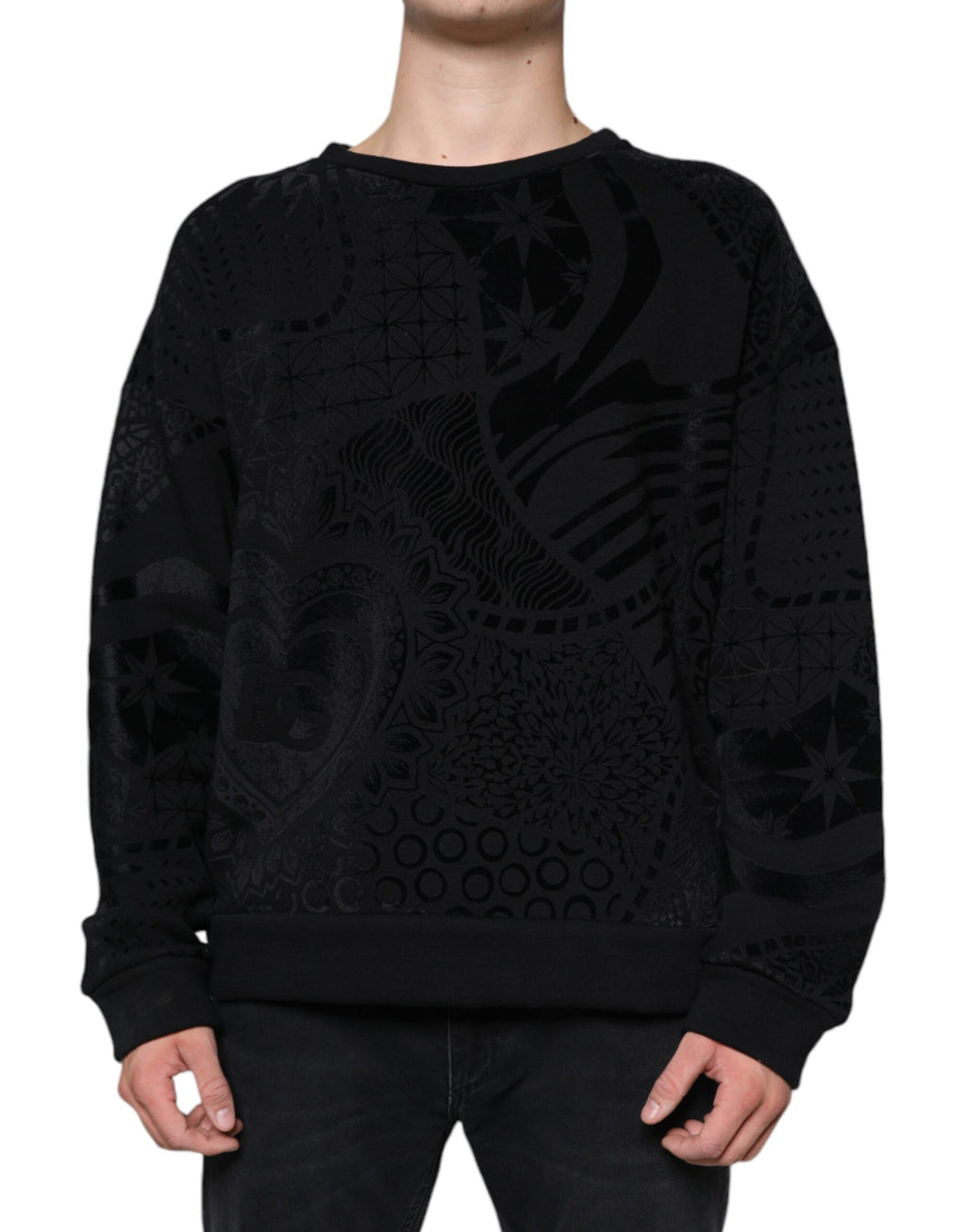 Schwarzer bedruckter Sweatshirt-Pullover mit Rundhalsausschnitt