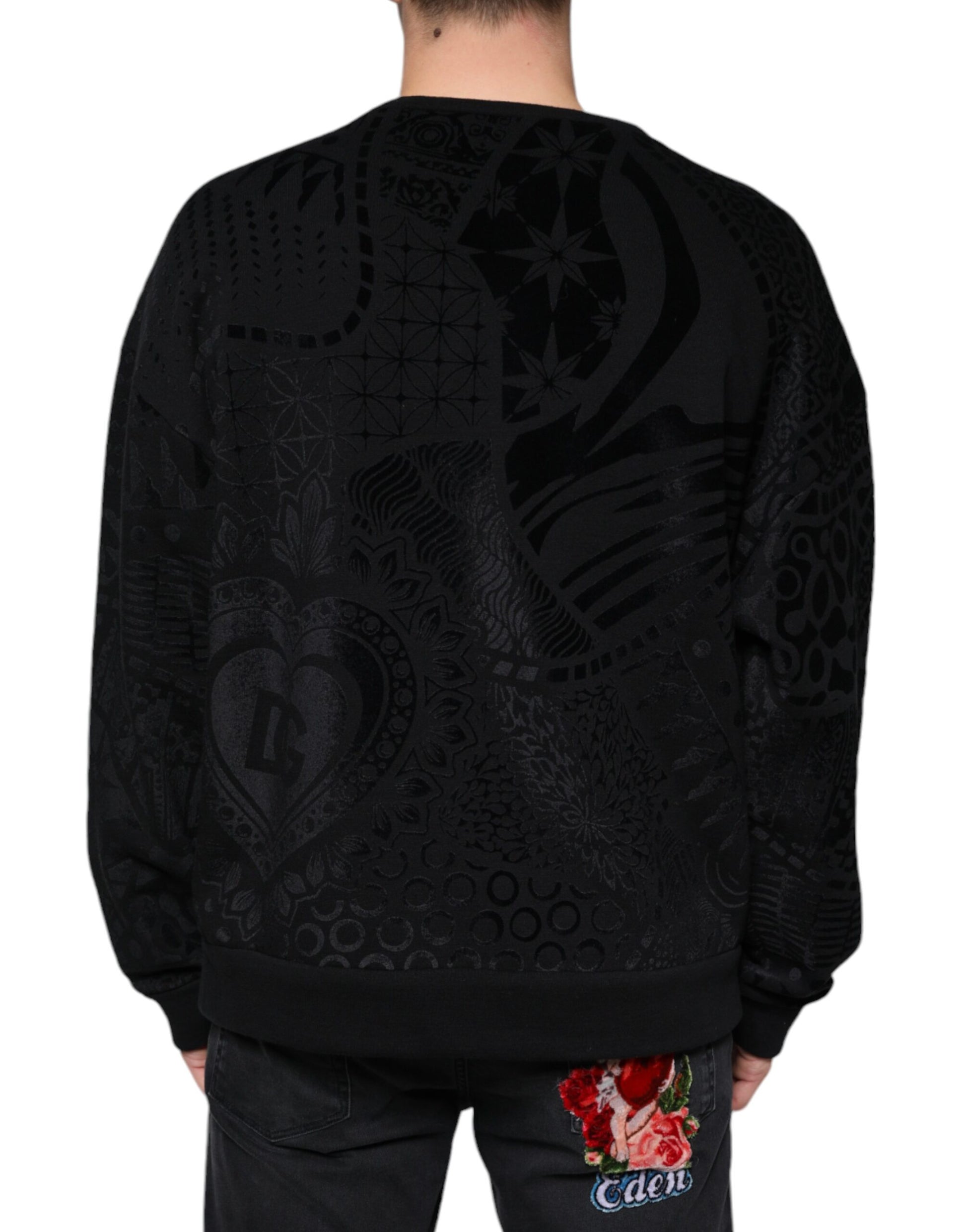 Schwarzer bedruckter Sweatshirt-Pullover mit Rundhalsausschnitt