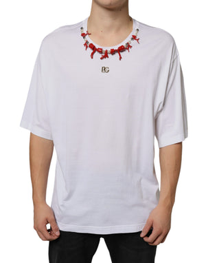 Weißes Baumwoll-T-Shirt mit Halskettenverzierung