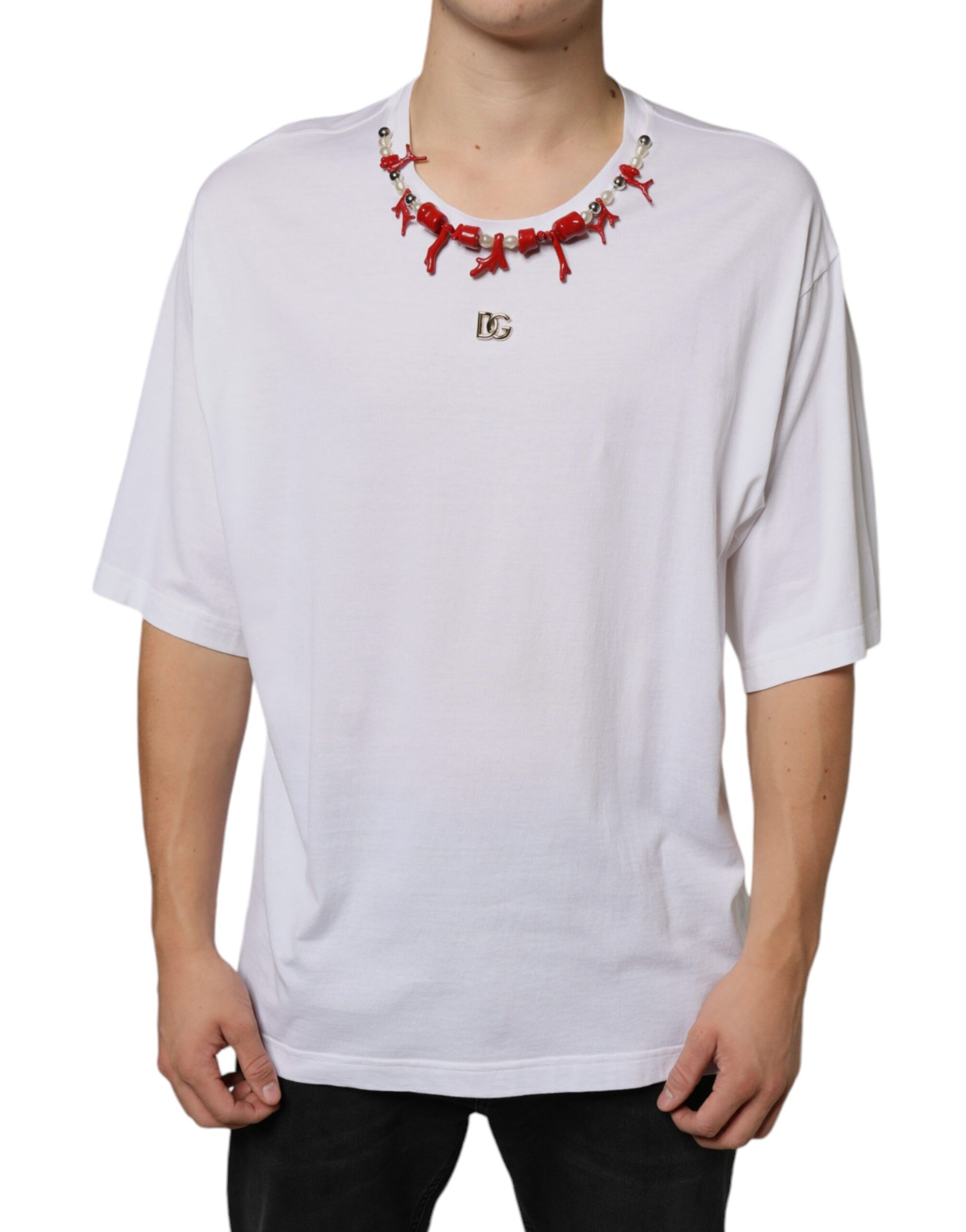 Weißes Baumwoll-T-Shirt mit Halskettenverzierung
