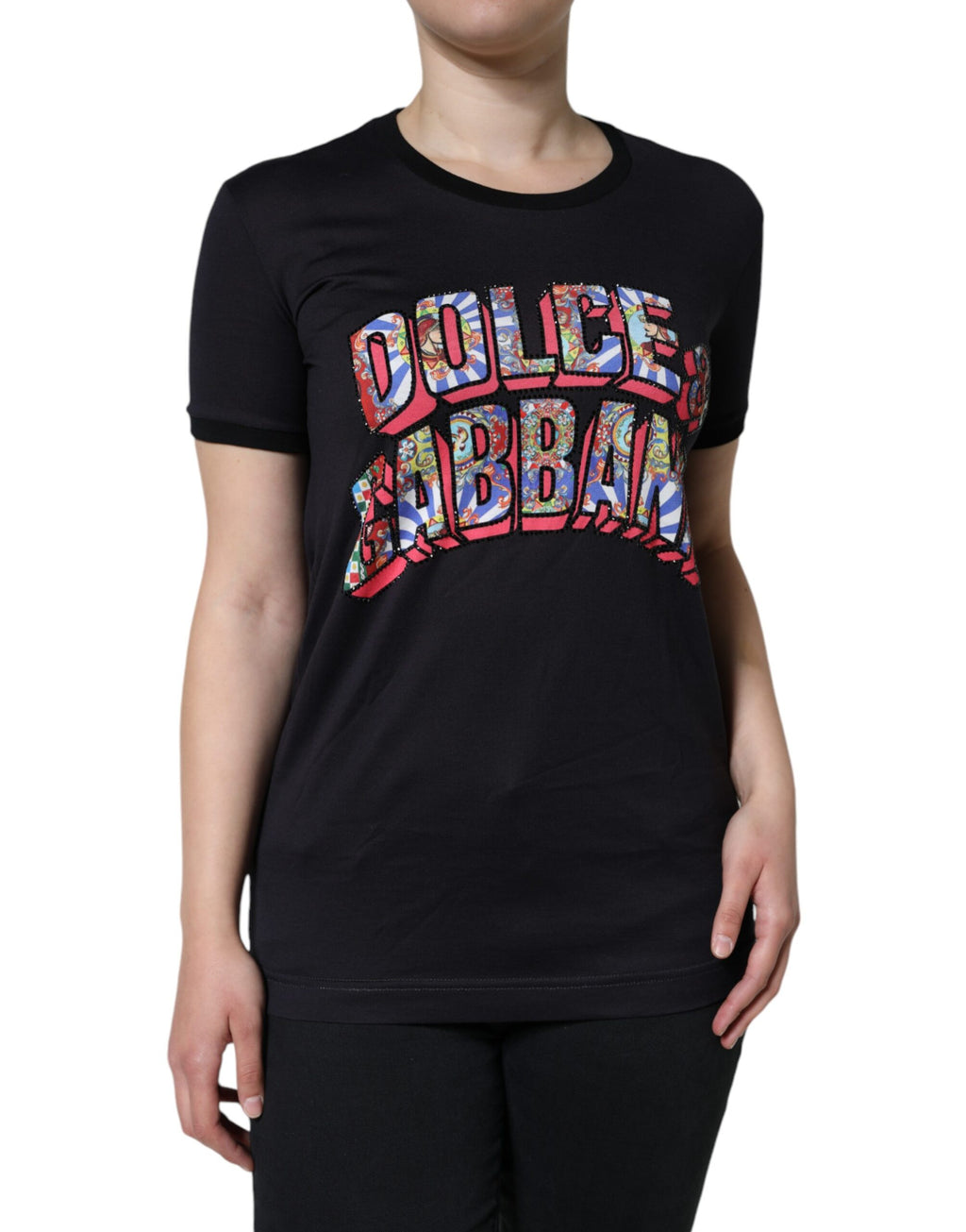 Schwarzes Rundhals-T-Shirt aus Baumwolle mit Logo-Print