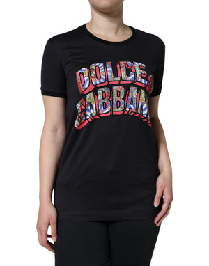 Schwarzes Rundhals-T-Shirt aus Baumwolle mit Logo-Print