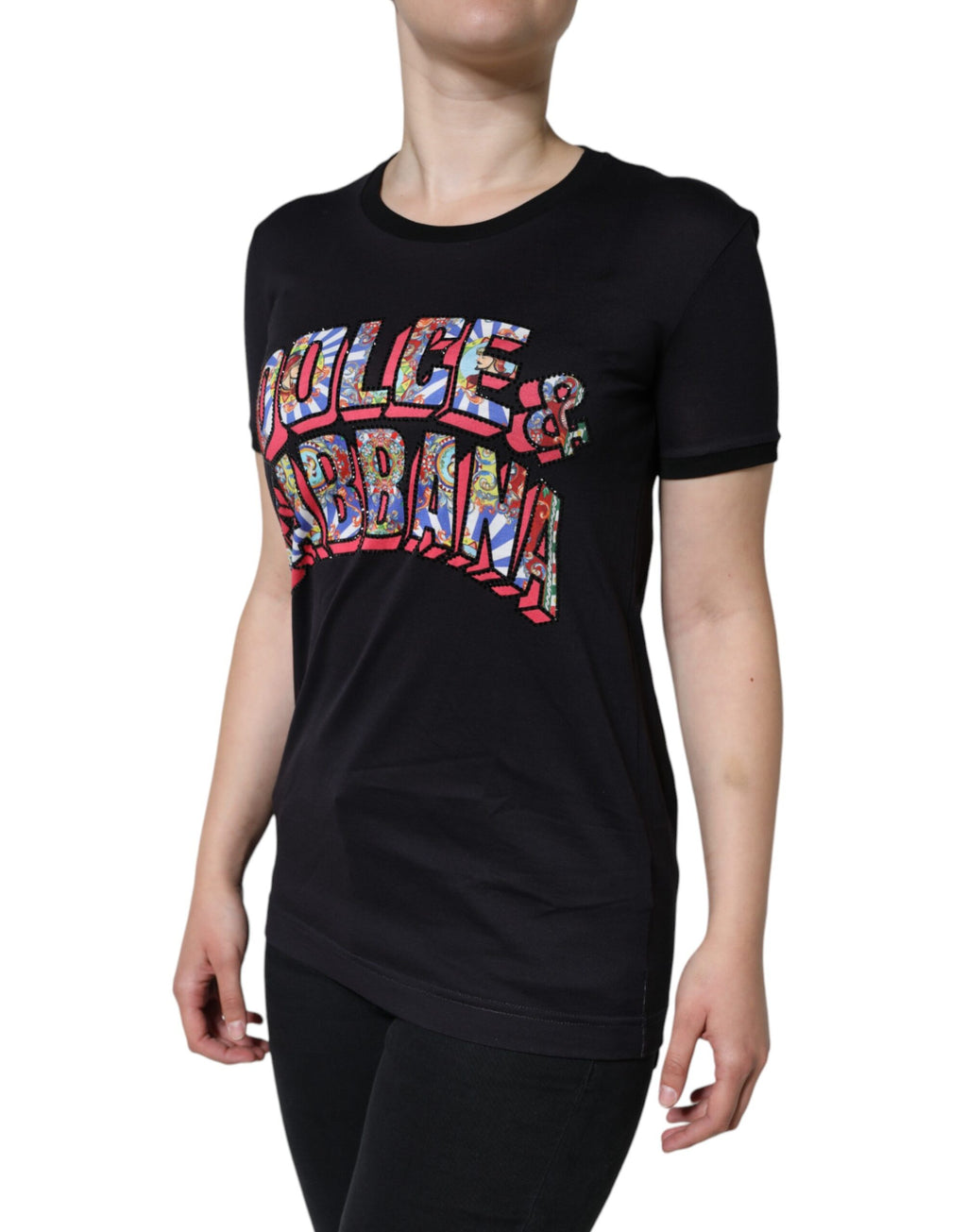 Schwarzes Rundhals-T-Shirt aus Baumwolle mit Logo-Print