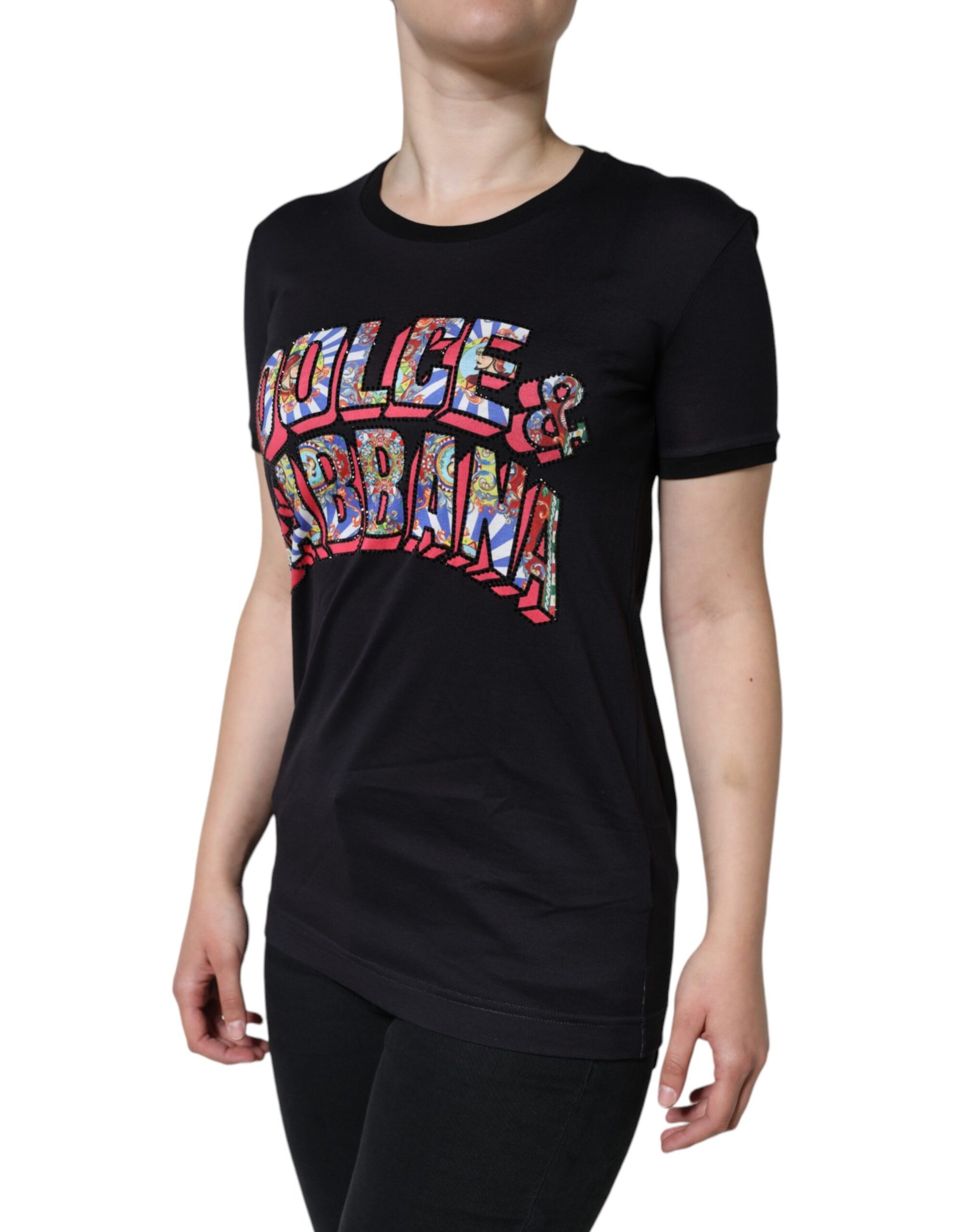Schwarzes Rundhals-T-Shirt aus Baumwolle mit Logo-Print