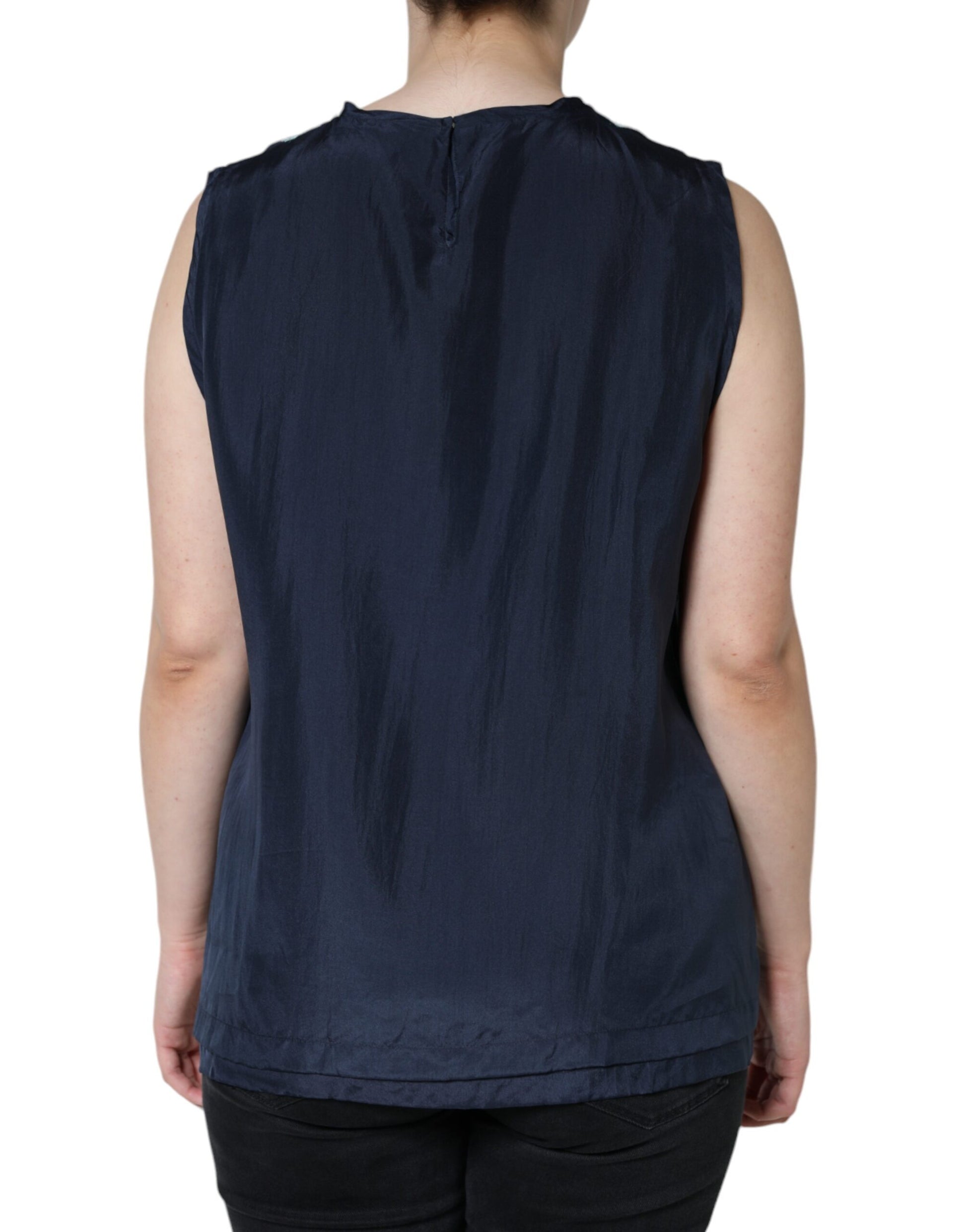 Blaues ärmelloses Tanktop aus Seide mit Blumenspitze