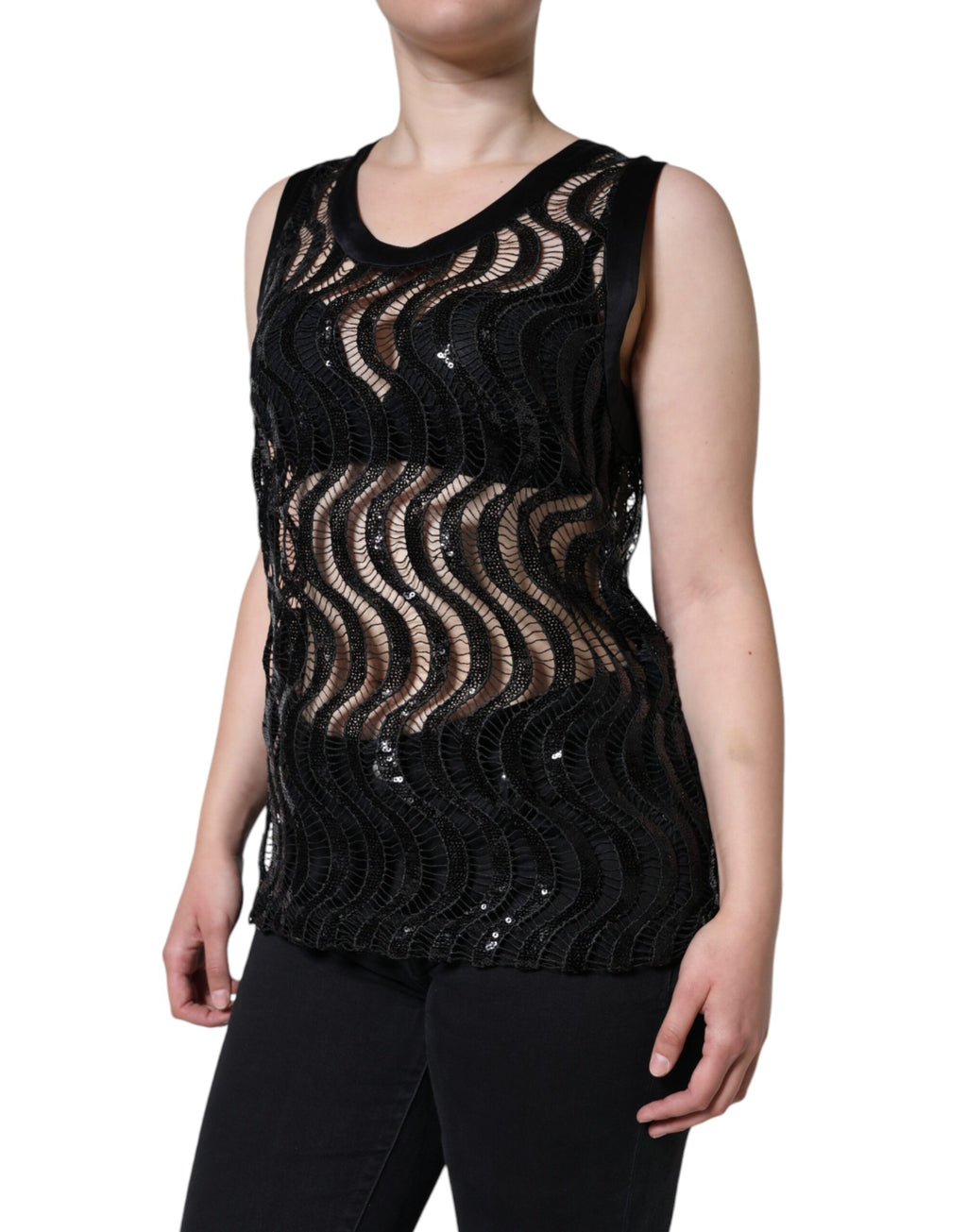Schwarzes ärmelloses Tank-Bluse-Top mit Pailletten