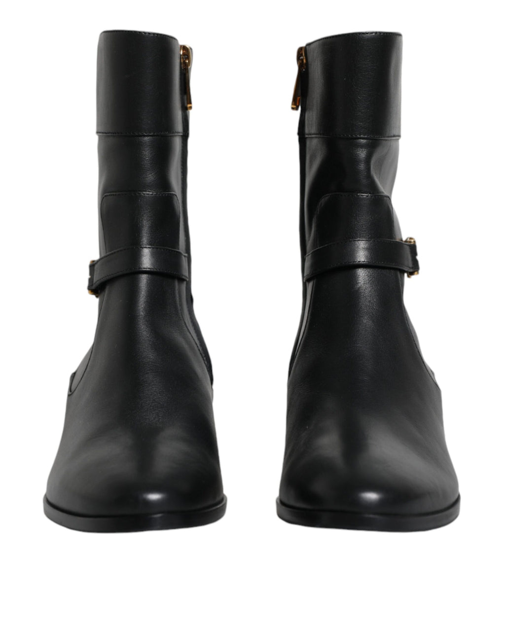 Schwarze, wadenlange Stiefel aus Leder mit Logo