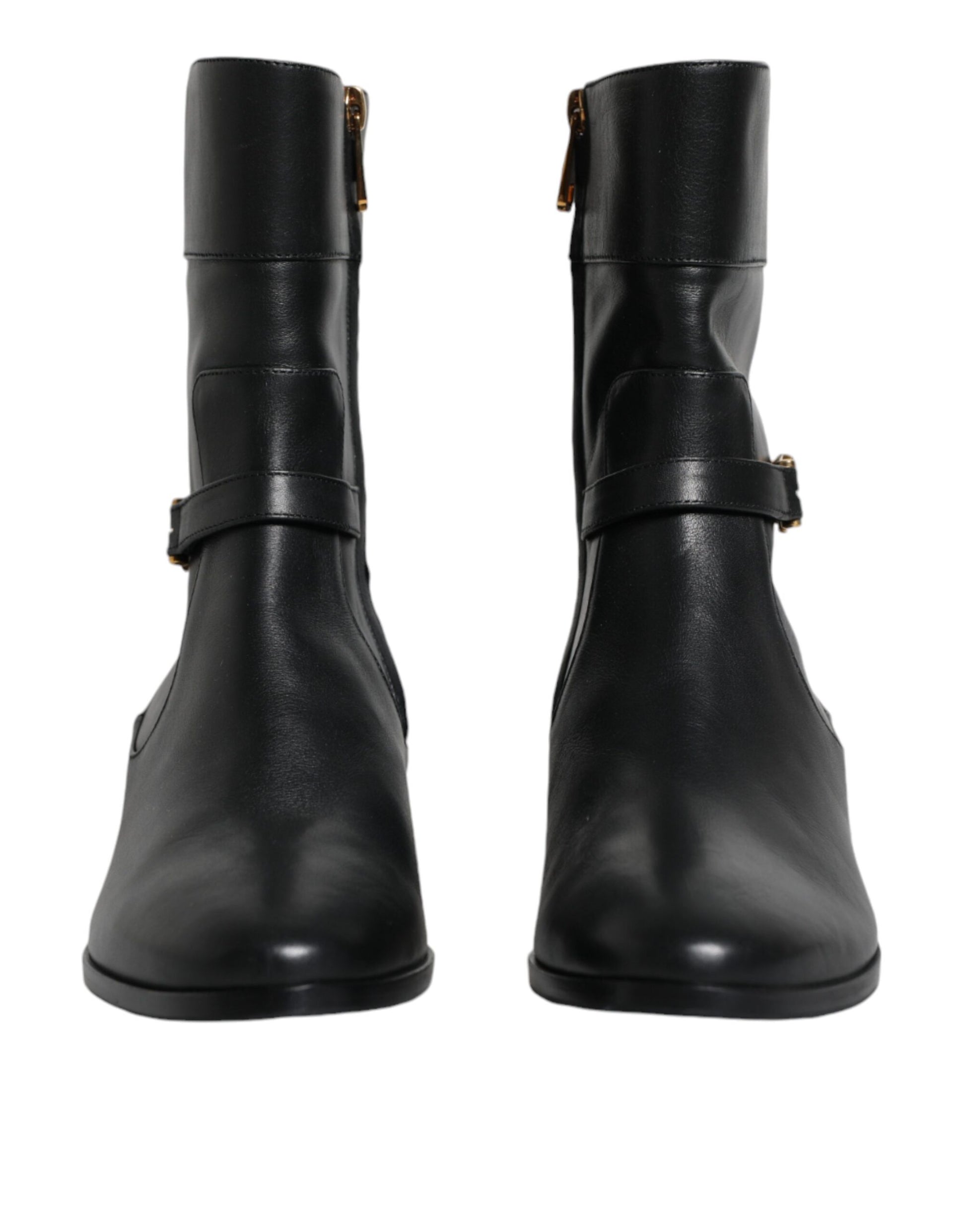 Schwarze, wadenlange Stiefel aus Leder mit Logo