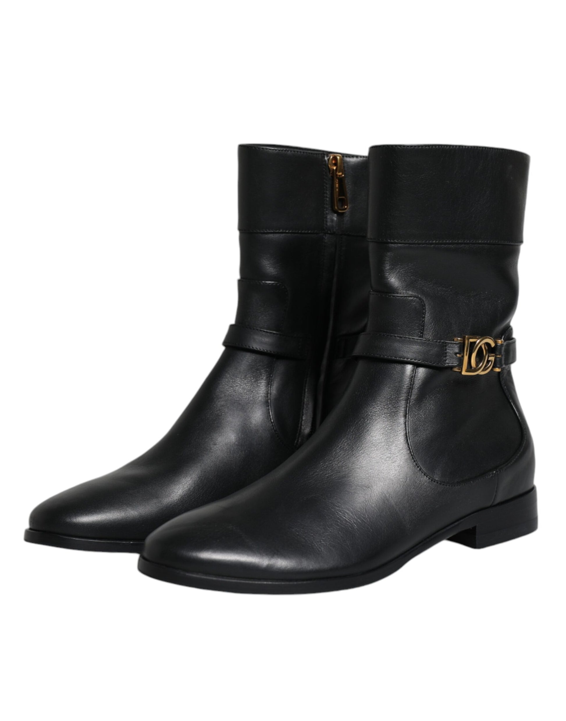 Schwarze, wadenlange Stiefel aus Leder mit Logo