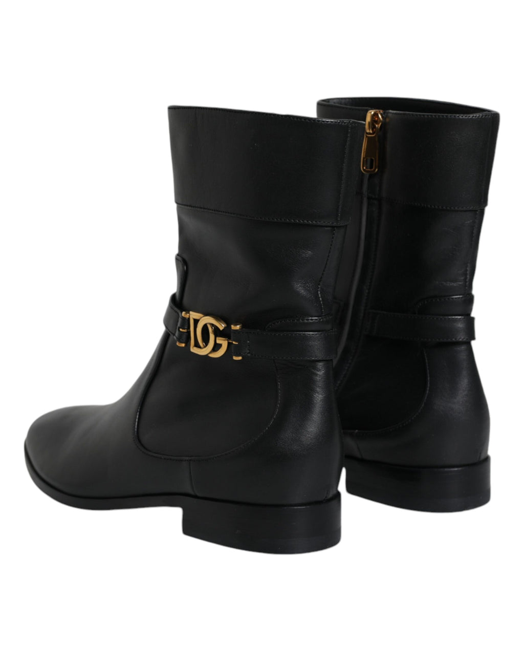 Schwarze, wadenlange Stiefel aus Leder mit Logo