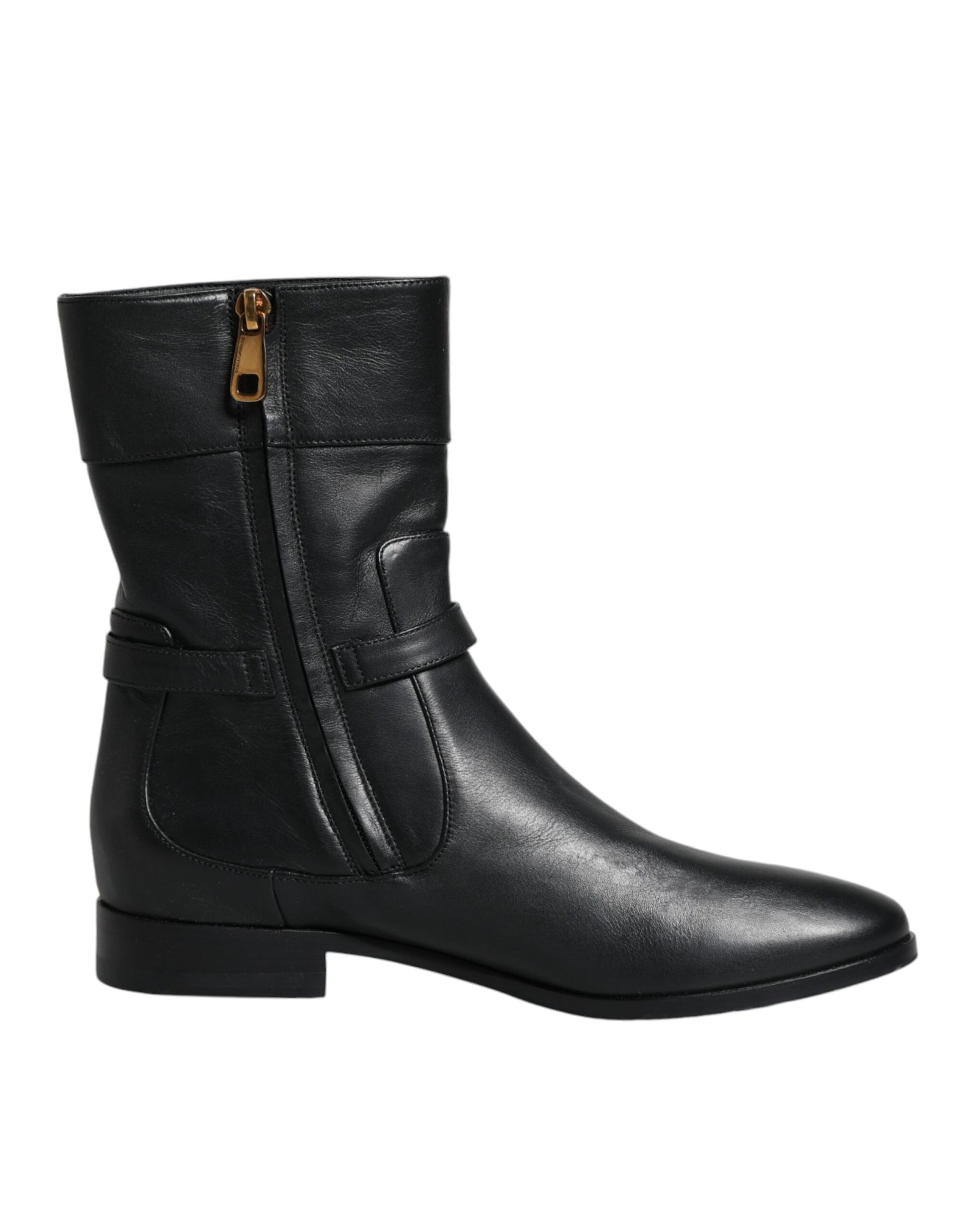 Schwarze, wadenlange Stiefel aus Leder mit Logo