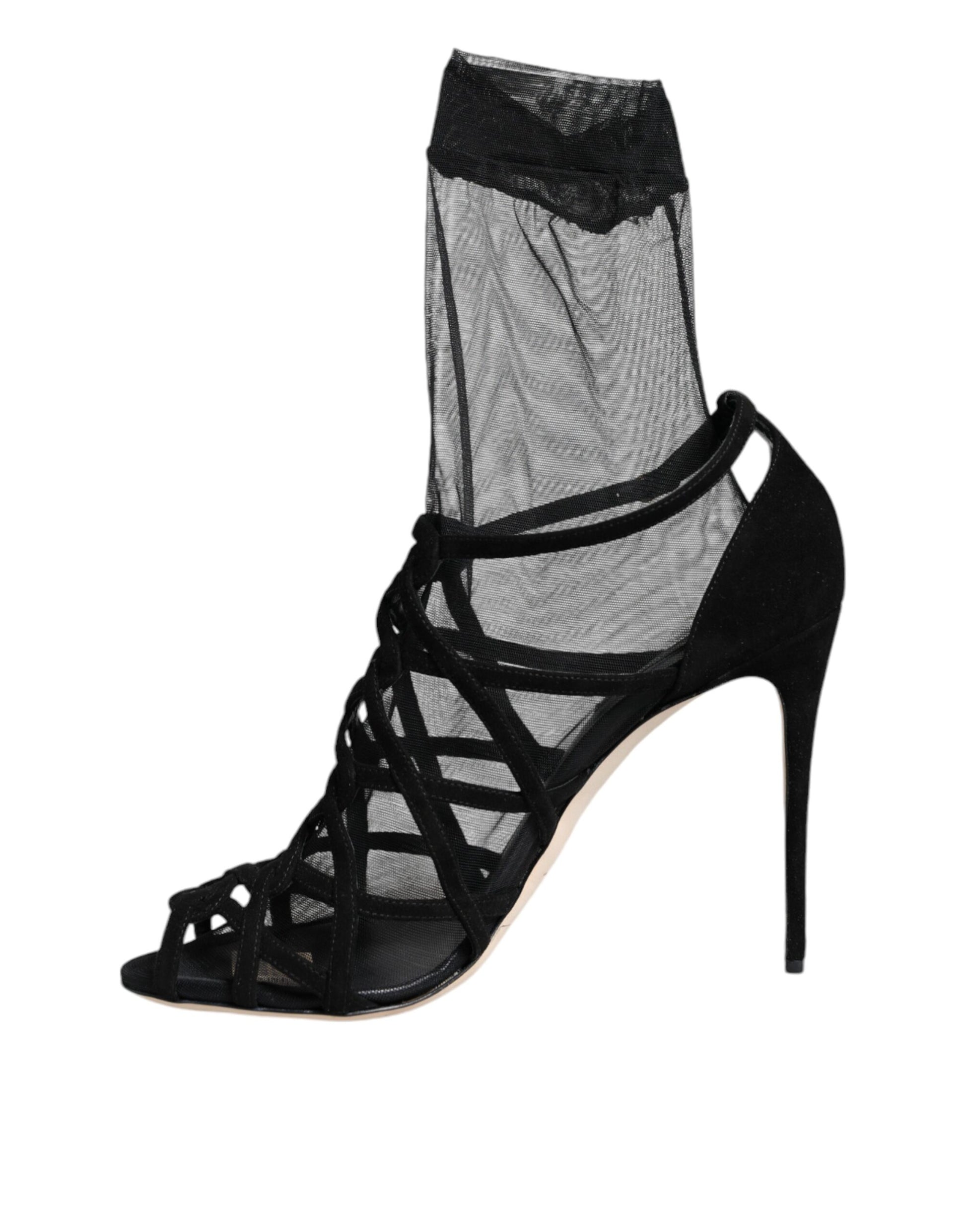 Schwarze Tüll Stretch Heels Sandalen Schuhe