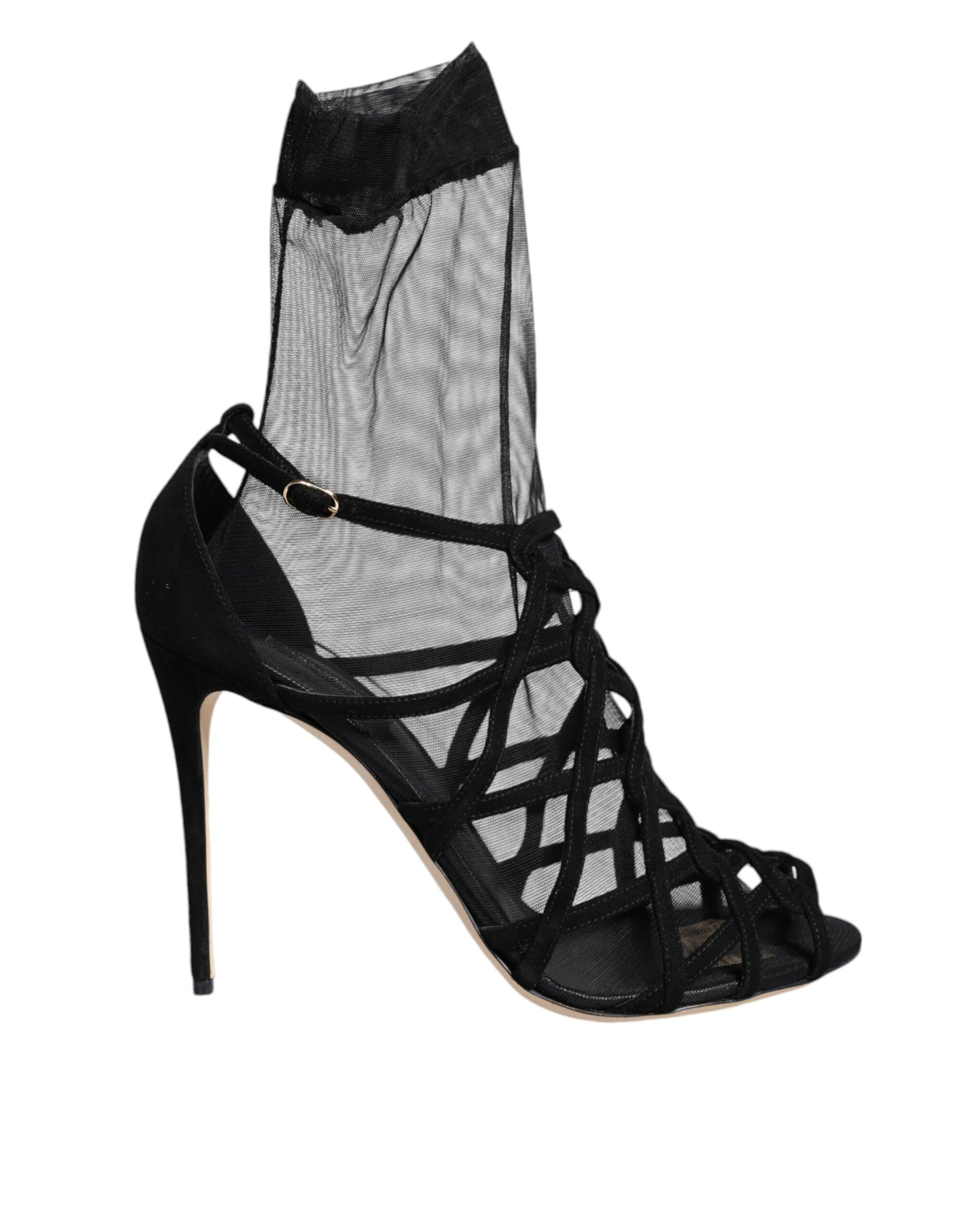 Schwarze Tüll Stretch Heels Sandalen Schuhe