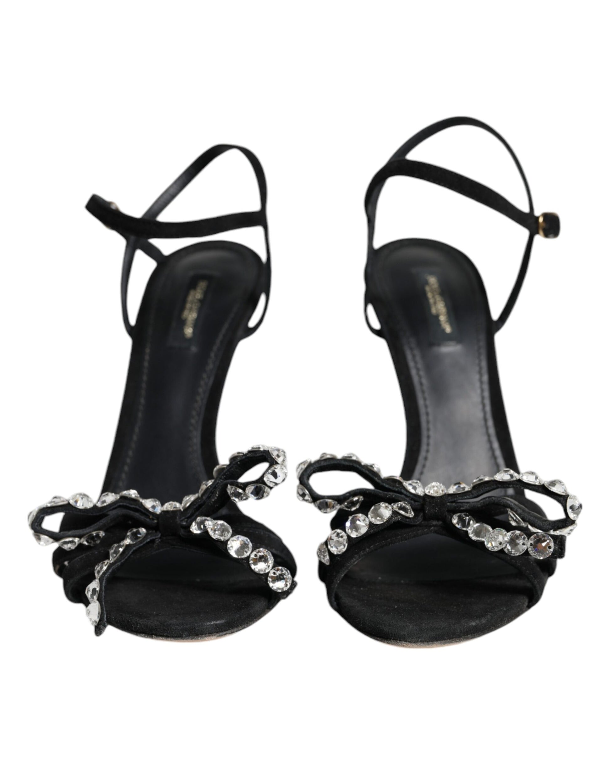 Schwarze Leder Kristall Schleife Heels Sandalen Schuhe