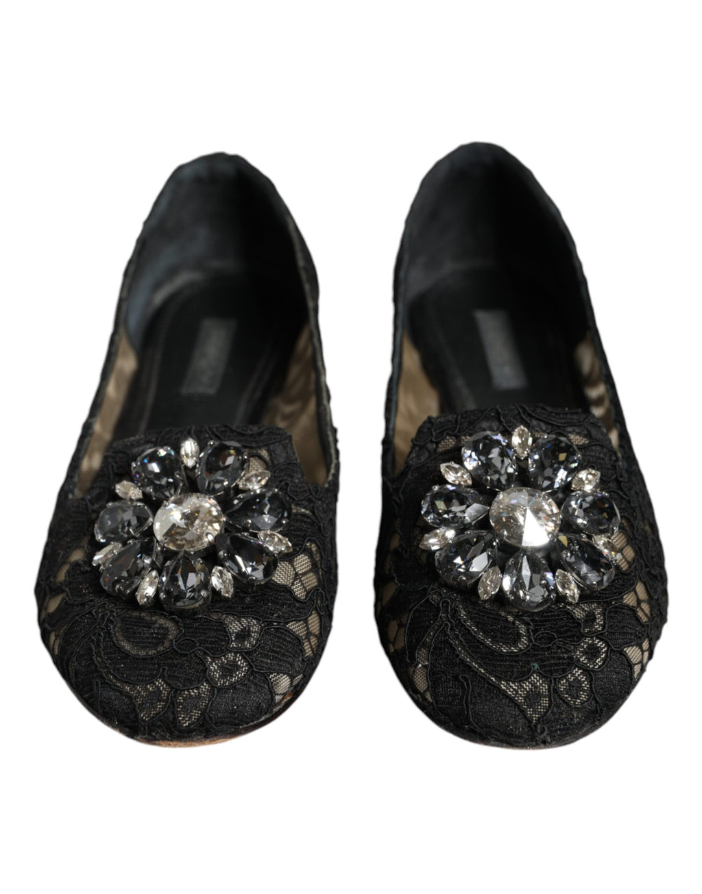Schwarze Ballerinas mit Spitze und Kristallen