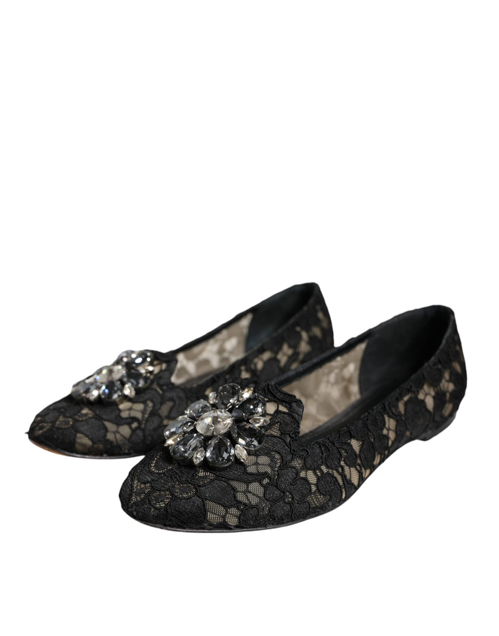 Schwarze Ballerinas mit Spitze und Kristallen