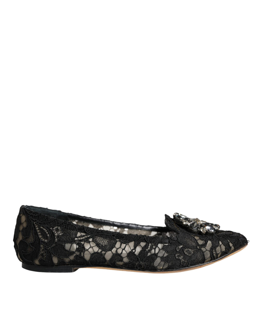 Schwarze Ballerinas mit Spitze und Kristallen