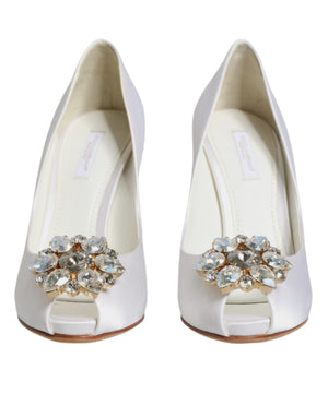 Dolce & Gabbana White Crystals Peep Toe Satin Pumps Shoes
