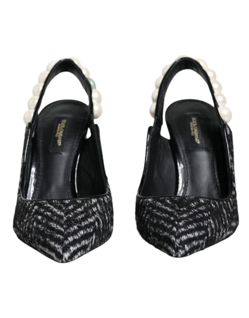 Weiß-schwarze Slingback-Schuhe mit Chevron-Faux-Perlen