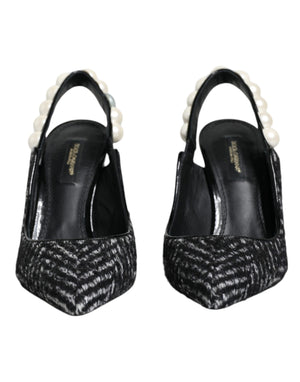 Weiß-schwarze Slingback-Schuhe mit Chevron-Faux-Perlen