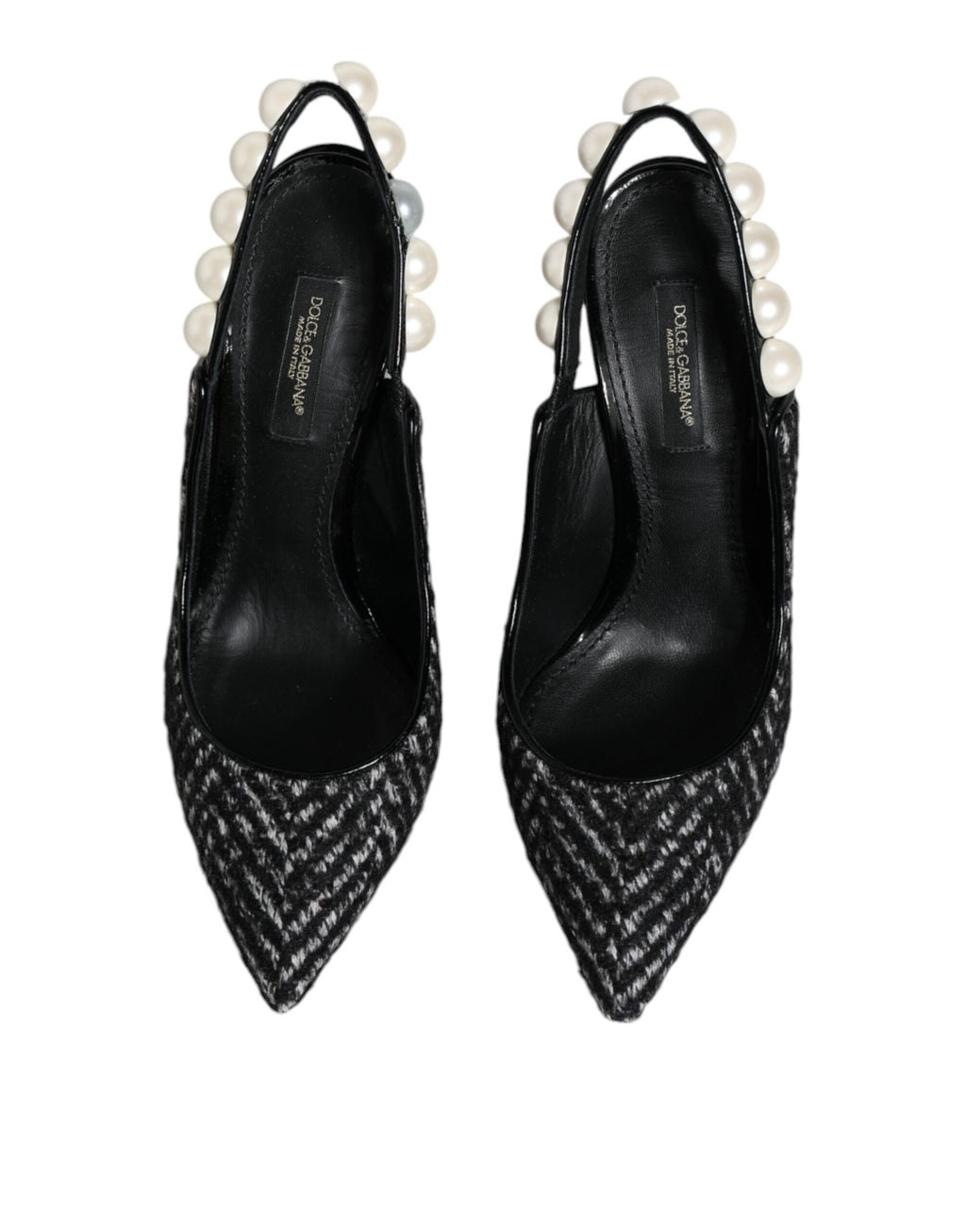 Weiß-schwarze Slingback-Schuhe mit Chevron-Faux-Perlen