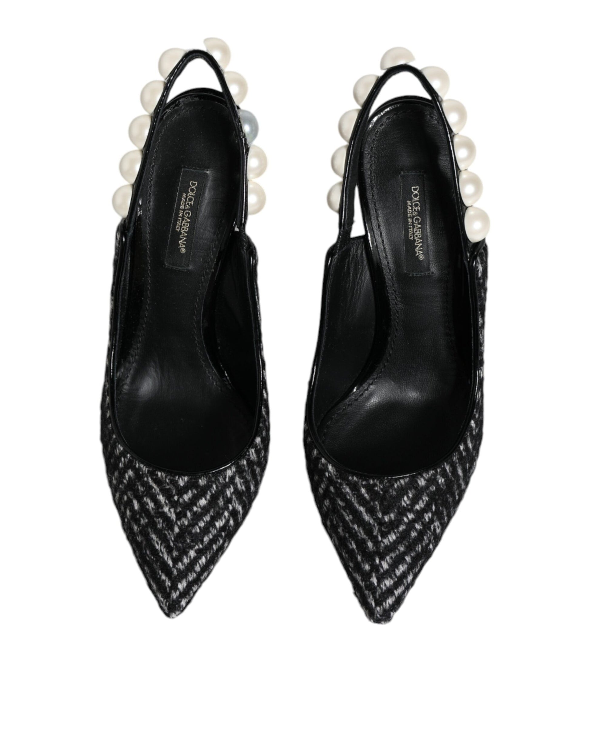 Weiß-schwarze Slingback-Schuhe mit Chevron-Faux-Perlen