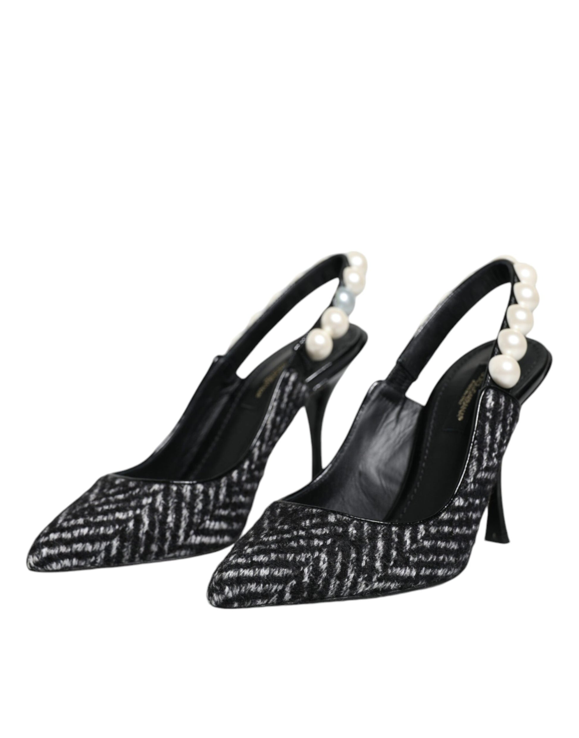 Weiß-schwarze Slingback-Schuhe mit Chevron-Faux-Perlen